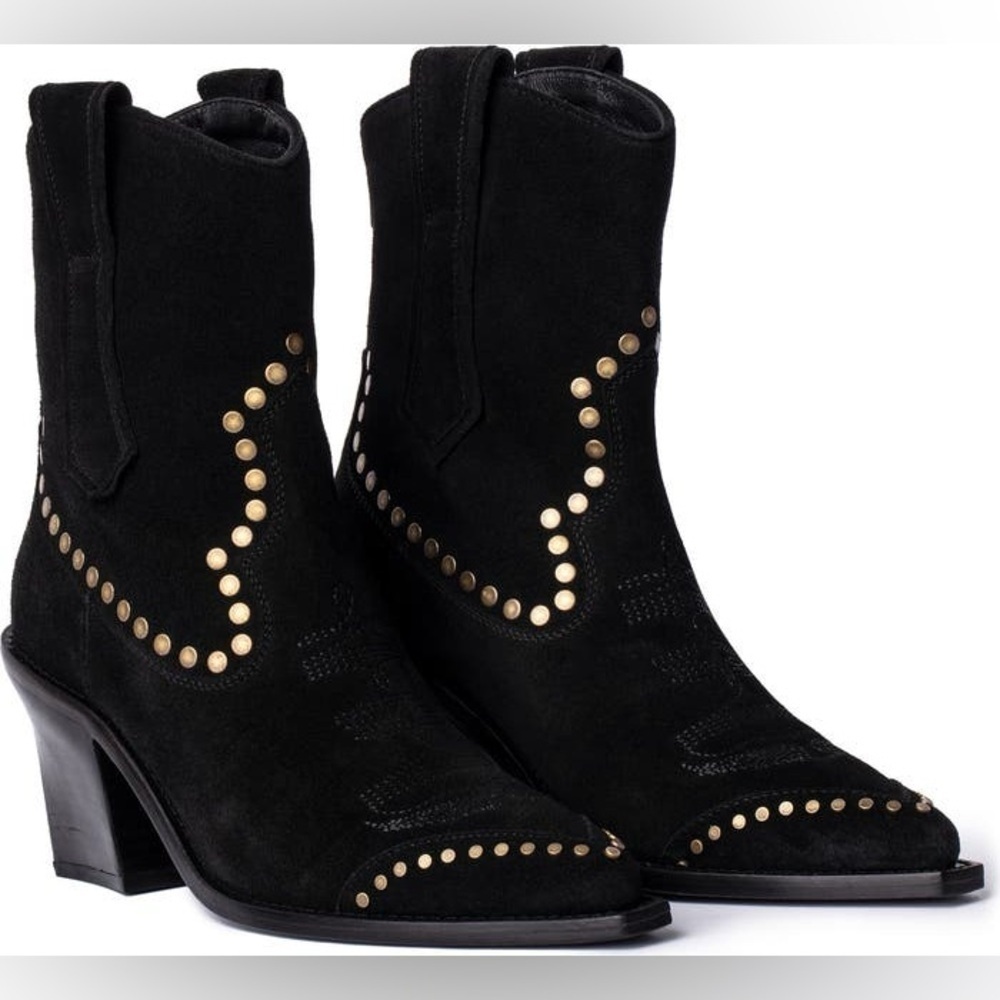 NIB Zadig & Voltaire Cara High Suede Studded Western Cowboy Boots Black Sz 41